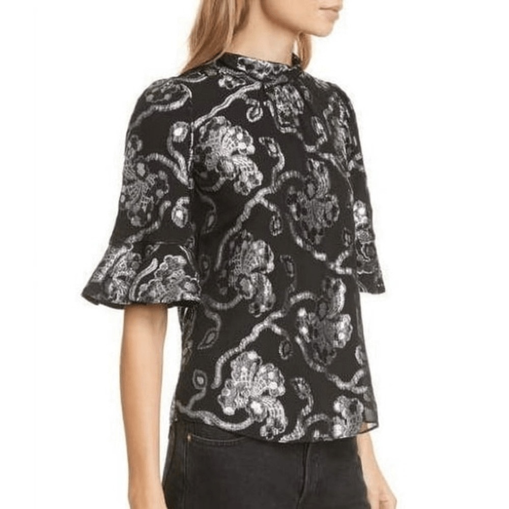 Rebecca Taylor Jewel Paisley Silk Top Black and Metallic Silver Size 2 EUC